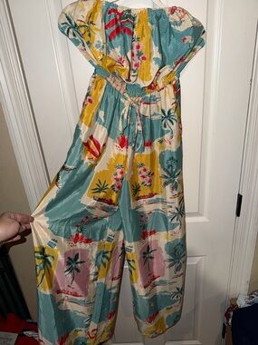 True Destinations Tropical Print Off-Shoulder Jumpsuit - Teal & Yellow Small